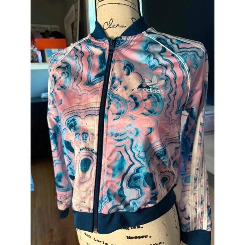 adidas Pink and Blue Marble-Print Bomber Jacket